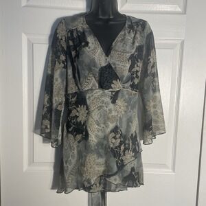 Serenade Floral Layered Shirt Women XL Black Gray Flowy V Neck Whimsigoth Flowy